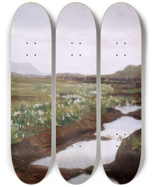 Triptych art skateboard deck of Kitty Kielland Study Of A Peat Bog On Jren by Kitty Kielland (1843-1914)