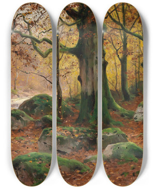 Triptych art skateboard deck of Walter Moras Herbstliche Waldlandschaft by Walter Moras (1856-1925)