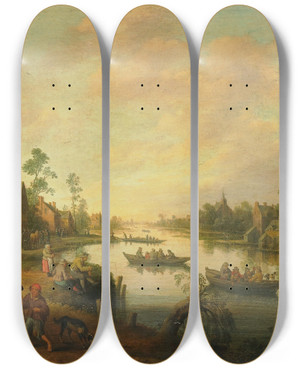 Triptych art skateboard deck of Joost Cornelisz Droochsloot River View by Joost Cornelisz Droochsloot (1586-1666)