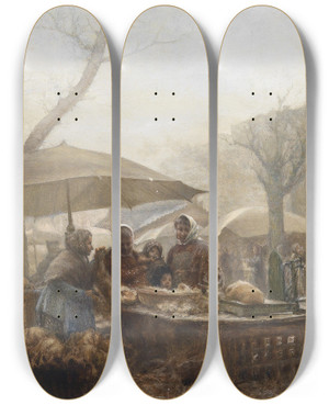 Triptych art skateboard deck of Carl Massmann Am Markt by Carl Massmann (1859-1929)