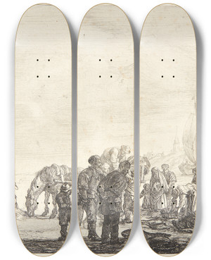Triptych art skateboard deck of Simon De Vlieger Fiskere P Stranden by Simon de Vlieger (1601-1653)