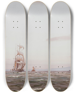 Triptych art skateboard deck of Patrick Downie A Grey Morning Off Arran by Patrick Downie