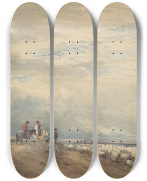 Triptych art skateboard deck of David Cox Riders With Sheep Near An Estuary by David Cox (1783-1859)
