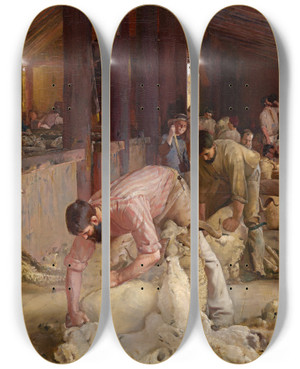 Triptych art skateboard deck of Tom Roberts Shearing The Rams by Tom Roberts (1856-1931)
