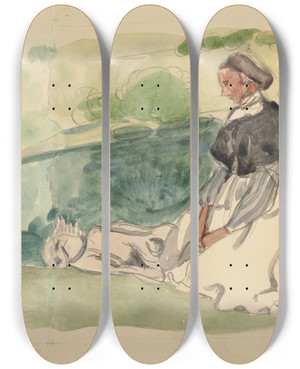 Triptych art skateboard deck of Pierre Roy Bretonne Assise Dans Un Pr by Pierre Roy (1880-1950)