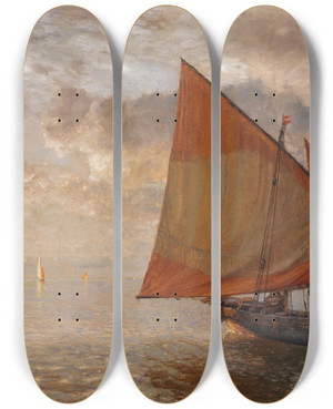 Triptych art skateboard deck of Gustav Schnleber Venezianisches Fischerboot by Gustav Schonleber (1851-1917)