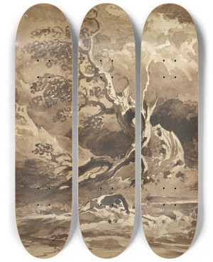 Triptych art skateboard deck of Cornelius Varley A Tree Struck By Lightning by Cornelius Varley (1781-1873)