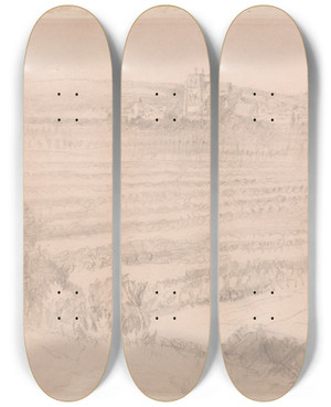 Triptych art skateboard deck of John Ruskin Distant View Of Saintwulfran Abbeville by John Ruskin (1819-1900)