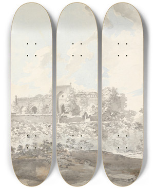 Triptych art skateboard deck of Samuel Davis Old Mosque At Rajemahl Rajmahal by Samuel Davis (1757-1819)