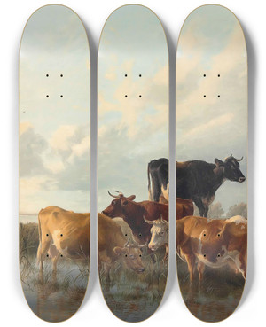 Triptych art skateboard deck of Thomas Sidney Cooper Cattle By A River by Thomas Sidney Cooper (1803-1902)