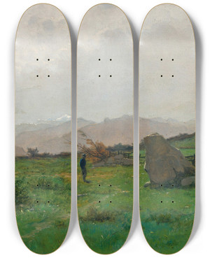 Triptych art skateboard deck of Gustave Castan Landscape With Hiker by Gustave Castan (1823-1892)