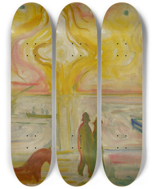 Triptych art skateboard deck of Edvard Munch Sunrise In The Harbour by Edvard Munch (1863-1944)