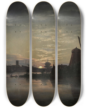 Triptych art skateboard deck of Johan Christian Dahl Swinoujscie In The Moonlight by Johan Christian Dahl (1788-1857)