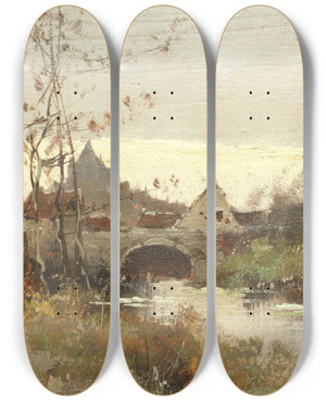 Triptych art skateboard deck of Eugne Galienlaloue River Landscape_1 by Eugene Galien Laloue (1854-1941)