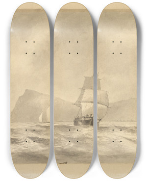 Triptych art skateboard deck of Edward William Cooke Off Whitby by Edward William Cooke (1811-1880)