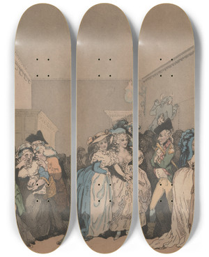 Triptych art skateboard deck of Thomas Rowlandson Box Lobby Loungers by Thomas Rowlandson (1756-1827)