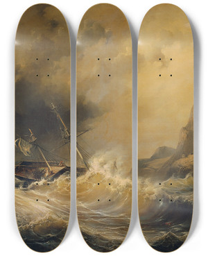 Triptych art skateboard deck of Josef Carl Berthold Pttner Schiffbruch Bei Kap Hoorn by Josef Carl Berthold Puttner (1821-1881)