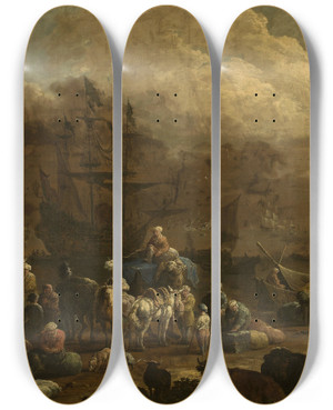 Triptych art skateboard deck of Hendrik Van Minderhout At An Eastern Port by Hendrik Van Minderhout (1632-1696)