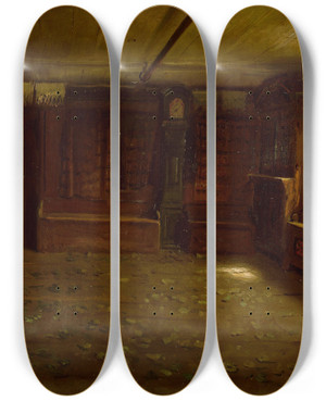 Triptych art skateboard deck of Adolph Tidemand Farm Interior by Adolph Tidemand (1814-1876)