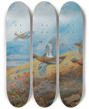 Triptych art skateboard deck of Archibald Thorburn Driven Grouse by Archibald Thorburn (1860-1935)
