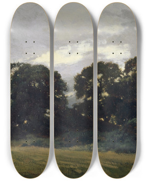 Triptych art skateboard deck of Thodore Rousseau Landscape With Trees by Theodore Rousseau (1812-1867)