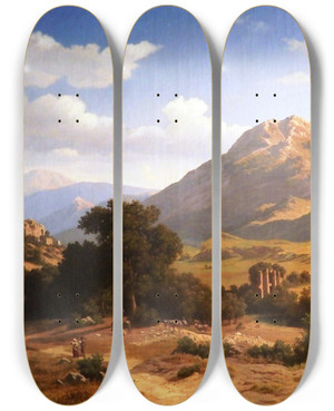 Triptych art skateboard deck of Arnold Overbeck Landscape In The Sabine Mountains by Arnold Overbeck (1831-1899)