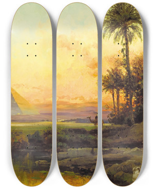 Triptych art skateboard deck of Carl Wuttke The Pyramids At Dusk by Carl Wuttke (1849-1927)