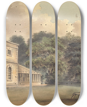 Triptych art skateboard deck of John Hassell Pitpalace Epsom The Seat Of Thomas Jeudwine Esq by John Hassell (1767-1825)