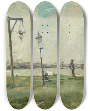 Triptych art skateboard deck of Piet Verhaert A View Of Antwerp by Piet Verhaert (1852-1908)