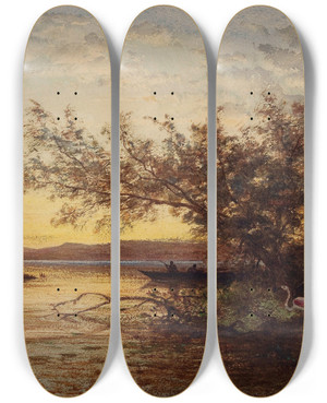 Triptych art skateboard deck of Flix Ziem La Camargue Coucher De Soleil by Felix Ziem (1821-1911)