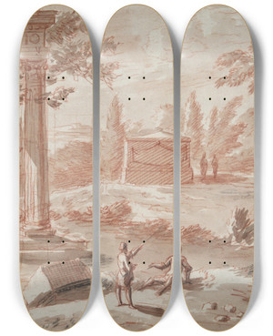 Triptych art skateboard deck of Abraham Rademaker Landscape With Tomb Ruins Andfigures by Abraham Rademaker (1675-1735)