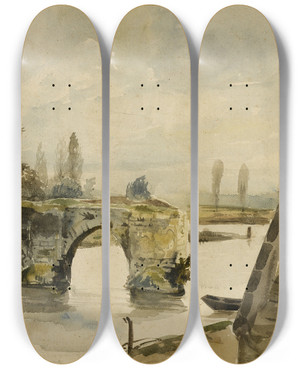 Triptych art skateboard deck of Eugne Delacroix The Old Bridge At Nantes by Eugene Delacroix (1798-1863)