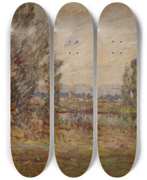 Triptych art skateboard deck of Lewis Henry Meakin Landscape Cincinnati by Lewis Henry Meakin (1850-1917)