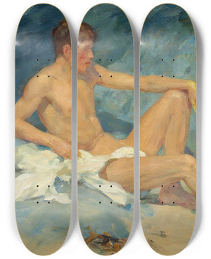 Triptych art skateboard deck of Henry Scott Tuke A Male Nude Reclining On Rocks by Henry Scott Tuke (1858-1929)