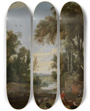 Triptych art skateboard deck of Jan Wildens Landscape With Dancing Shepherds by Jan Wildens (1586-1653)