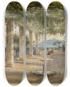 Triptych art skateboard deck of Carl Ludwig Frommel Laubengang Der Villa Cucumella In Sorrent by Carl Ludwig Frommel (1789-1863)