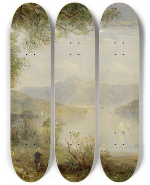 Triptych art skateboard deck of Thomas Creswick View On The Hudson River by Thomas Creswick (1811-1869)