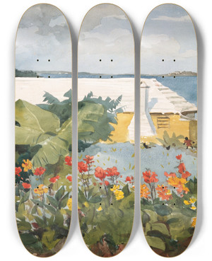Triptych art skateboard deck of Winslow Homer Flower Garden And Bungalow Bermuda by Winslow Homer (1836-1910)