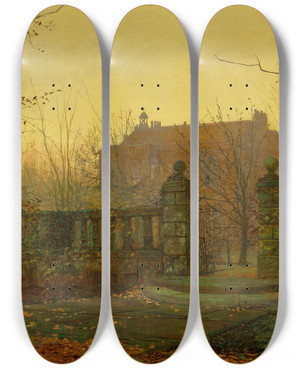 Triptych art skateboard deck of John Atkinson Grimshaw Autumn Morning by John Atkinson Grimshaw (1836-1893)
