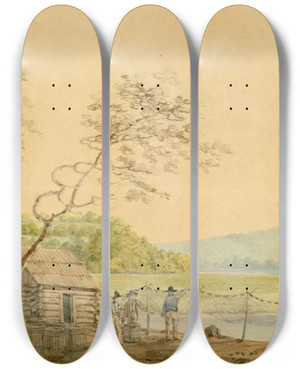 Triptych art skateboard deck of Benjamin Henry Latrobe View From The Packet Wharf At Frenchtown Looking Down Elk Creek by Benjamin Henry Latrobe (1764-1820)