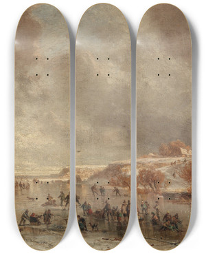 Triptych art skateboard deck of Adolf Stademann Skating Pleasures At Dusk by Adolf Stademann (1824-1895)