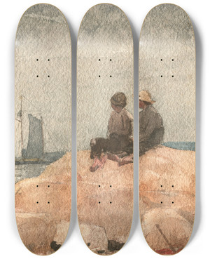 Triptych art skateboard deck of Winslow Homer Two Boys Watching Schooners by Winslow Homer (1836-1910)