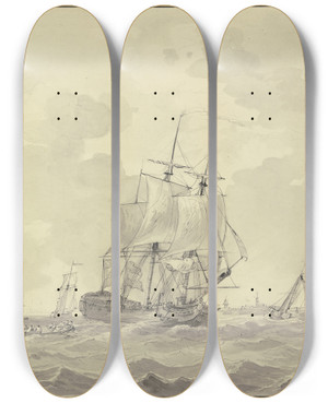 Triptych art skateboard deck of Gerrit Groenewegen Schiffe Bei Bewegter See Eines Lst Eine Kanone Vorne Zwei Ruderboote by Gerrit Groenewegen
