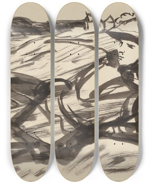 Triptych art skateboard deck of Hermann Lismann Lying Woman With Hat by Hermann Lismann (1878-1943)