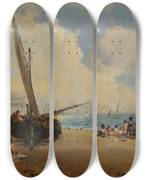 Triptych art skateboard deck of Baldomero Galofr Jimnez En La Playa by Baldomer Galofre I Gimenez
