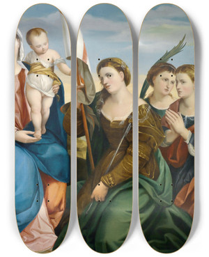 Triptych art skateboard deck of Johann Matthias Ranftl Madonna Mit Kind Und Heiligen by Johann Matthias Ranftl (1804-1854)