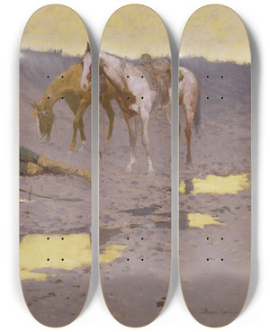 Triptych art skateboard deck of Frederic Remington A New Year On The Cimarron by Frederic Remington (1861-1909)