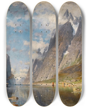 Triptych art skateboard deck of Adelsteen Normann A Norwegian Fjord Possibly The Sognefjord by Adelsteen Normann (1848-1918)