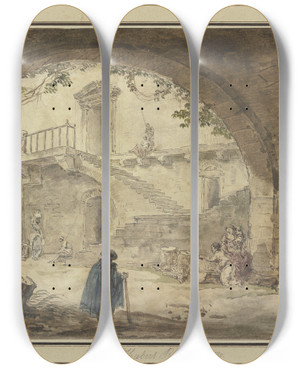 Triptych art skateboard deck of Hubert Robert Gewlbe Mit Antikem Brunnen Und Aussicht Auf Eine Treppe by Hubert Robert (1733-1808)