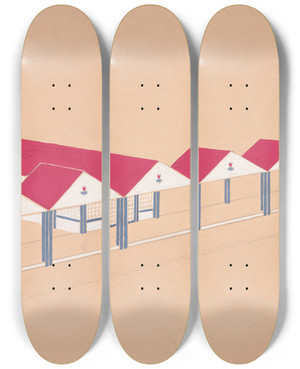 Triptych art skateboard deck of Winold Reiss Designs For Roadhouse Or Terrace Restaurant Scheme B With A Tplan 5 Bays With Painted Tulips In The Pediments by Winold Reiss (1886-1953)